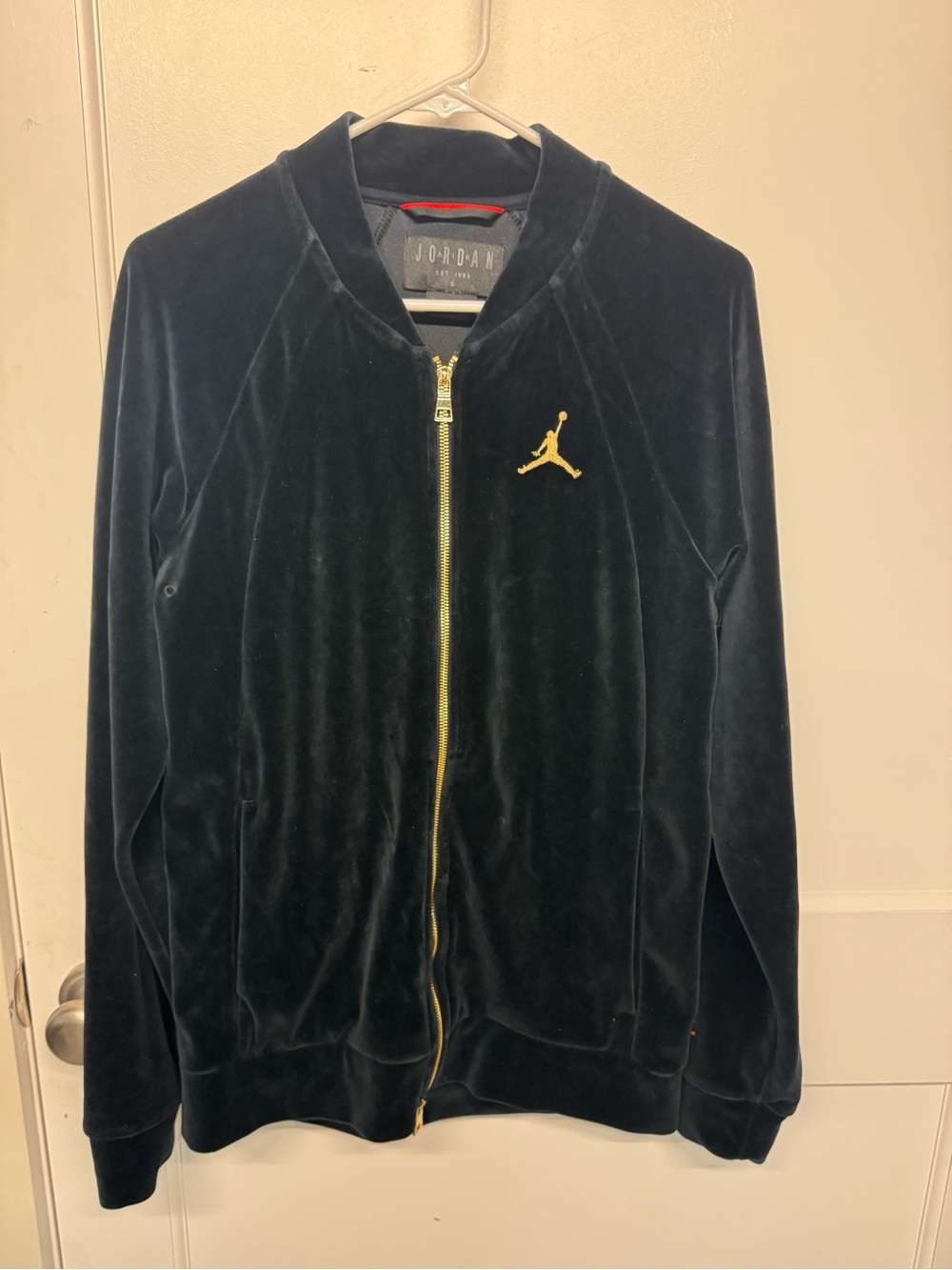 Jordan Men’s Black Velour Zip Bomber Jacket with Gold Jumpman